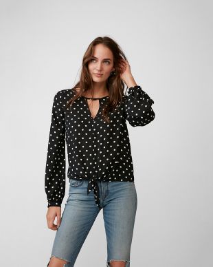Polka Dot Tie Front Cut-Out Blouse