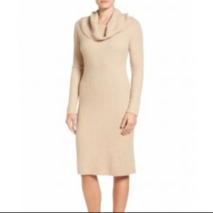 XL Halogen Cowl Neck Tan Sweater Dress Ribbed NWT