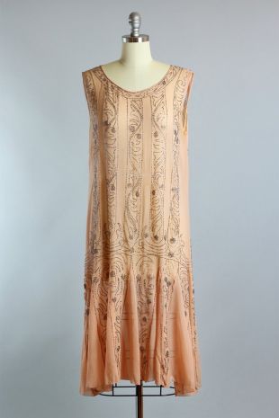 1920s Hand Beaded Silk Chiffon Flapper Dress