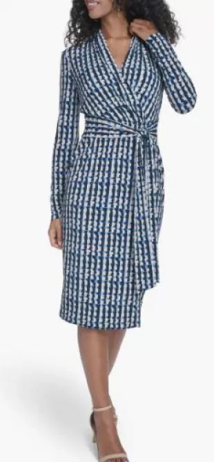 Long Sleeve Tie Waist Faux Wrap Dress