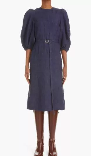 Balloon Sleeve Belted Linen Drill Dress