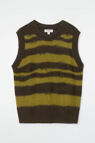 Women's Green Distressed Striped Linen Blend Knitted Tank