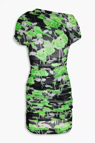 Ruched Floral Print Stretch Mesh Mini Dress