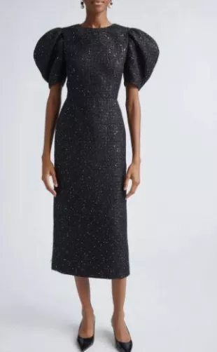Puff Sleeve Metallic Tweed Sheath Dress