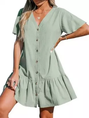 Women's V Neck Button Short Sleeve Flounce Cotton Beach Summer Mini Cover Up Dress