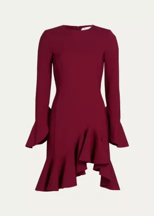 Asymmetric Ruffled Wool-blend crepe Midi Dress