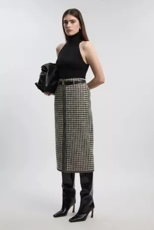 Textured Tweed Belted Tailored Pencil Skirt