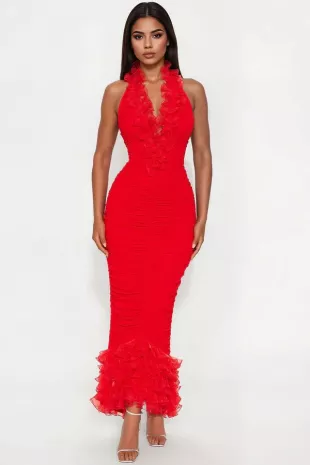 Fashion Nova - Red Ruffle Plunge Midi Dress