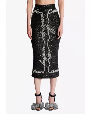 Women's Black Love Letter Sequined Midi Skirt