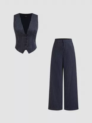 V-Neck Stripe Button Tank Top & Mid Rise Pocket Straight Leg Trousers Set