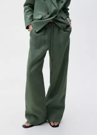 Straight Linen-blend Pants in Forest Green