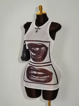 Amplova Gyaru Style Rave Outfits Festival Rave Outfits Festival Lip Print Sheer Bodycon Mini Dress