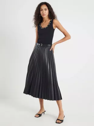 Black Faux Leather Pleated Midi Skirt