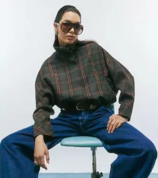 Brown Funnel Neck Check Bomber Jacket