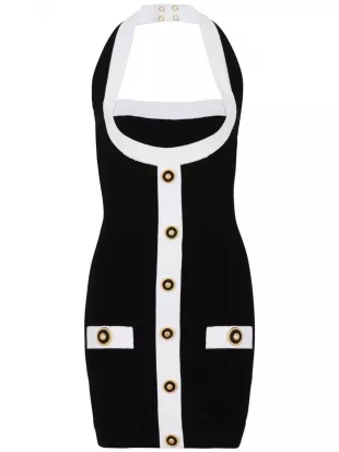 Black/White Halter Button Front Mini Dress