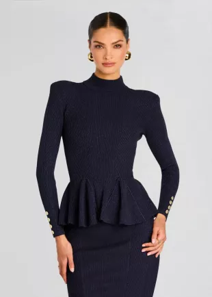 Navy Ribbed Knit Peplum Top