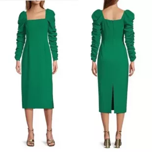 Green Ruched Sleeve Midi Dress