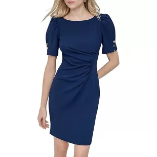 Button Short Sleeve Ruched Sheath Dress