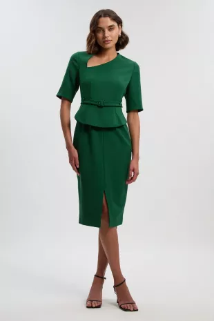 Structured Crepe Forever Asymmetric Neck Belted Pencil Midi Dress