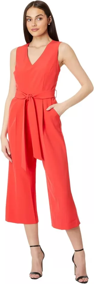 Sleeveless V-neck Belted Poly Base Jumpsuit
