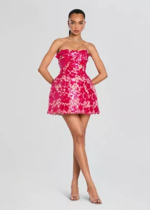Pink Floral Lace Strapless Mini Dress