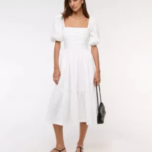 White Midi Dress with Puff Sleeves