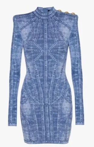 Short Jacquard Knit Dress With Denim Effect