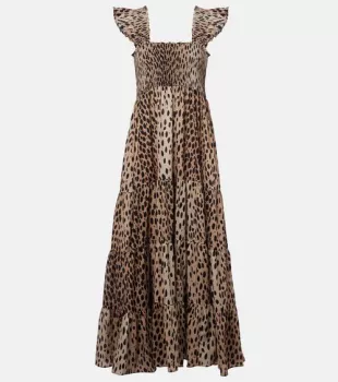 Tiered Leopard Print Cotton Maxi Dress