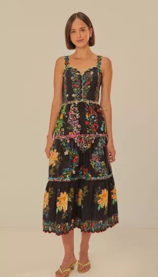 FARM Rio - Black Delicate Forest Scarves Organic Cotton Maxi Dress