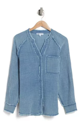 Raw Edge Cotton Gauze Cloth Henley Top