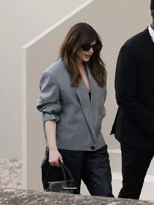 Elizabeth Olsen Paris Fashion Week Grey Blazer