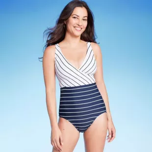 Women's Striped V Neck Full Coverage One Piece Swimsuit