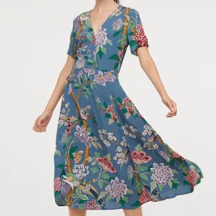 Dress Midi Blue Floral Print Tea Dress