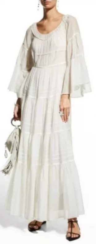 Tiered Ivory Bridal Wedding Maxi Bell Sleeve Dress