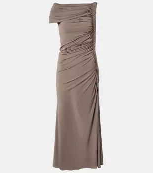 Brown Ruched Asymmetric Sleeveless Midi Dress
