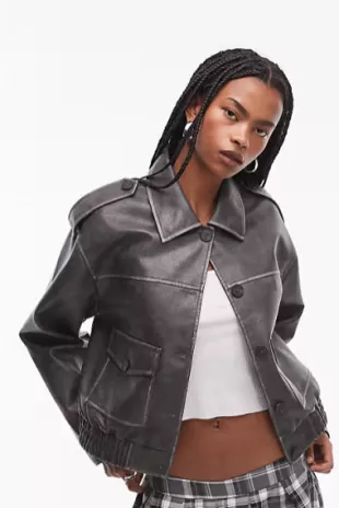 Faux Leather Cropped Button Thru Patch Pocket Bomber Jacket