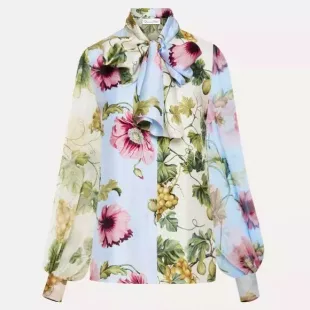 Poppy Print Long Sleeve Tie Neck Blouse