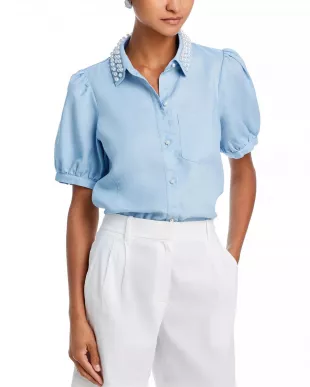 Faux Pearl Embellished Collar Top