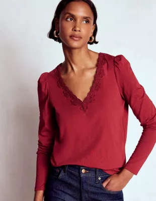 Flora Lace V Neck Top Burgundy Red