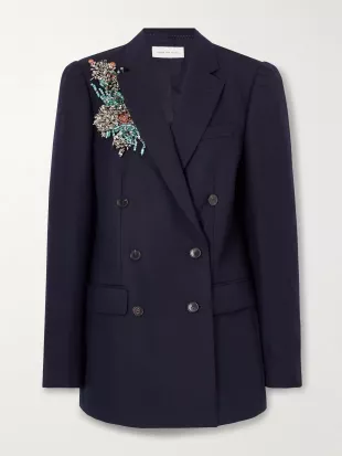 Oversized Double Breasted Embellished Wool Herringbone Blazer