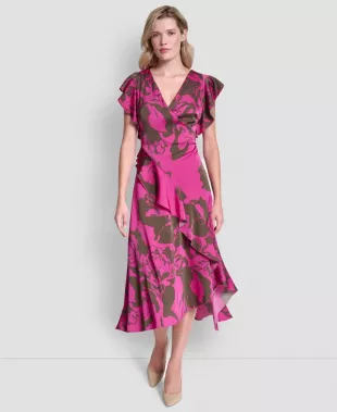 Cap-Sleeve Surplice Neck Ruffle Midi Dress