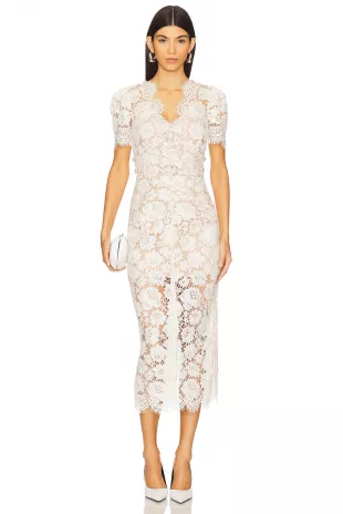 Cream Fine Lace Pearl Midi Dress