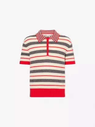 Stripe Pattern Short Sleeve Wool Blend Polo Jumper