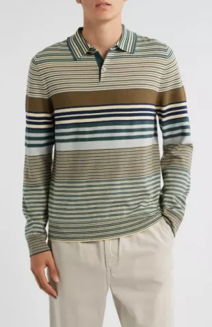 Stripe Long Sleeve Merino Wool Polo