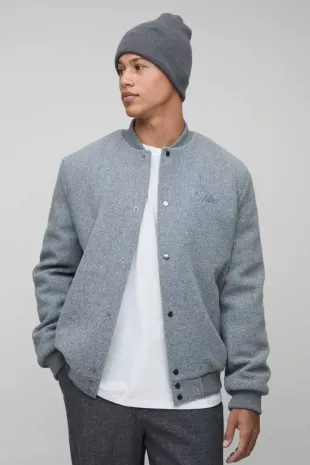 Tall Regular Fit Embroidered Melton Bomber Jacket
