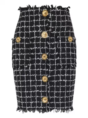 Buttoned Check Tweed Mini Skirt