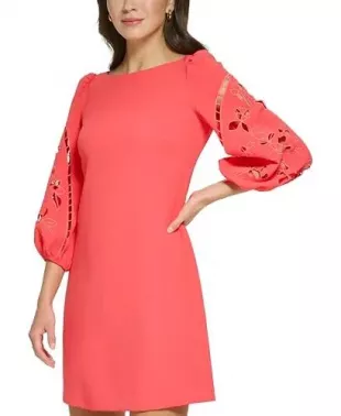 Eyelet Sleeve Crepe Shift Dress