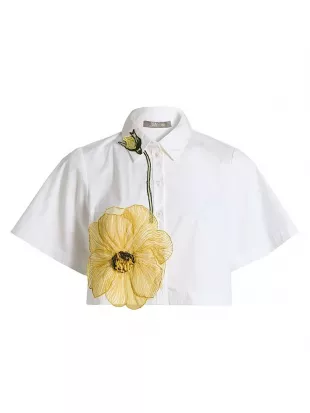 Peony Embroidered Crop Button-Down Shirt