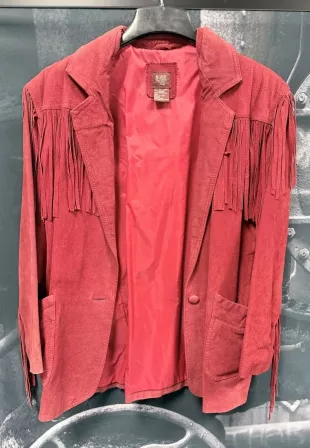 Women Red 100% Suede Leather Fringe Blazer