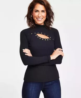 Women's Studded Cut Out Mock Neck Top